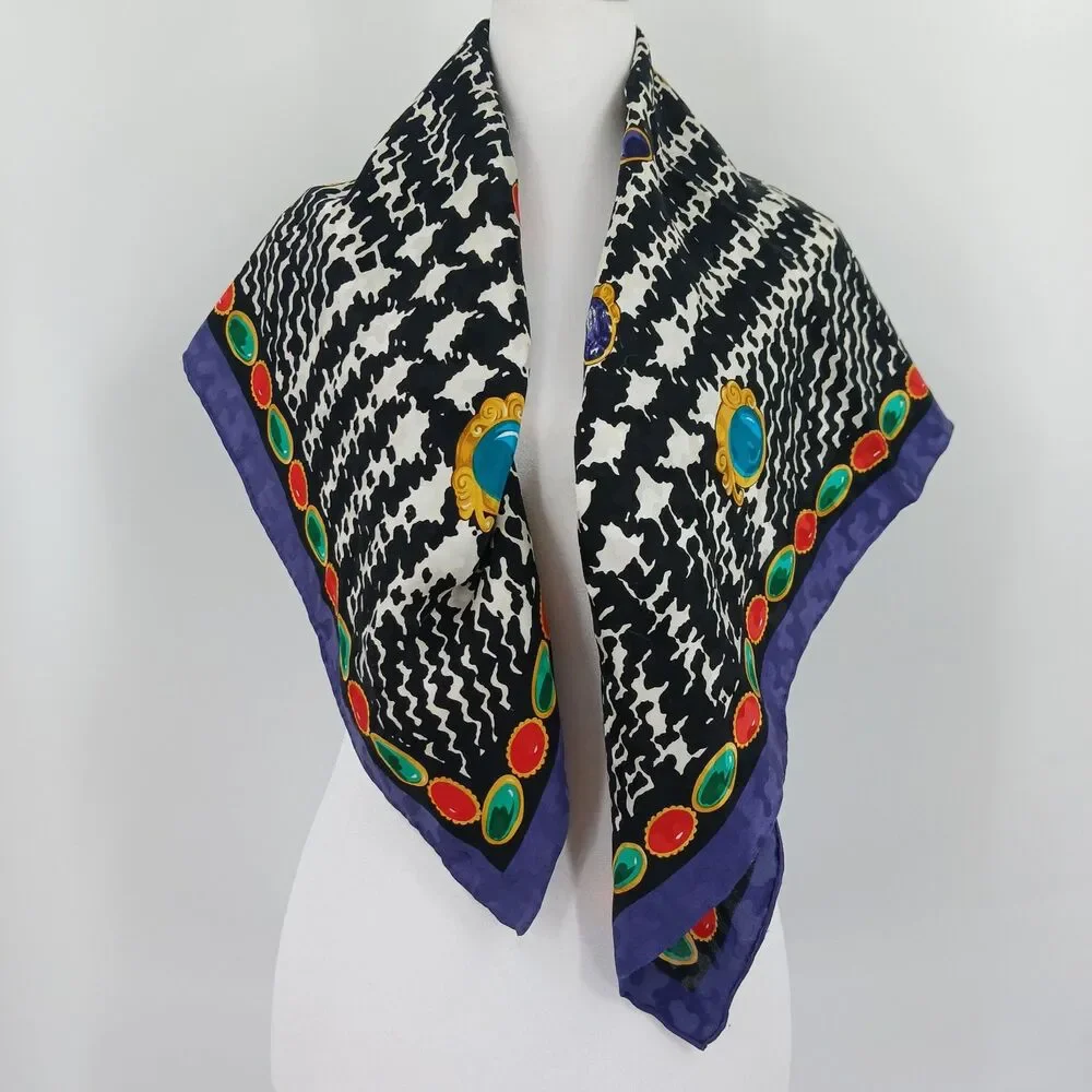 womens vintage square black and purple jewel gems print silky scarf